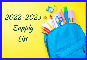  Backpack with supplies and text "2022-2023 Supply List