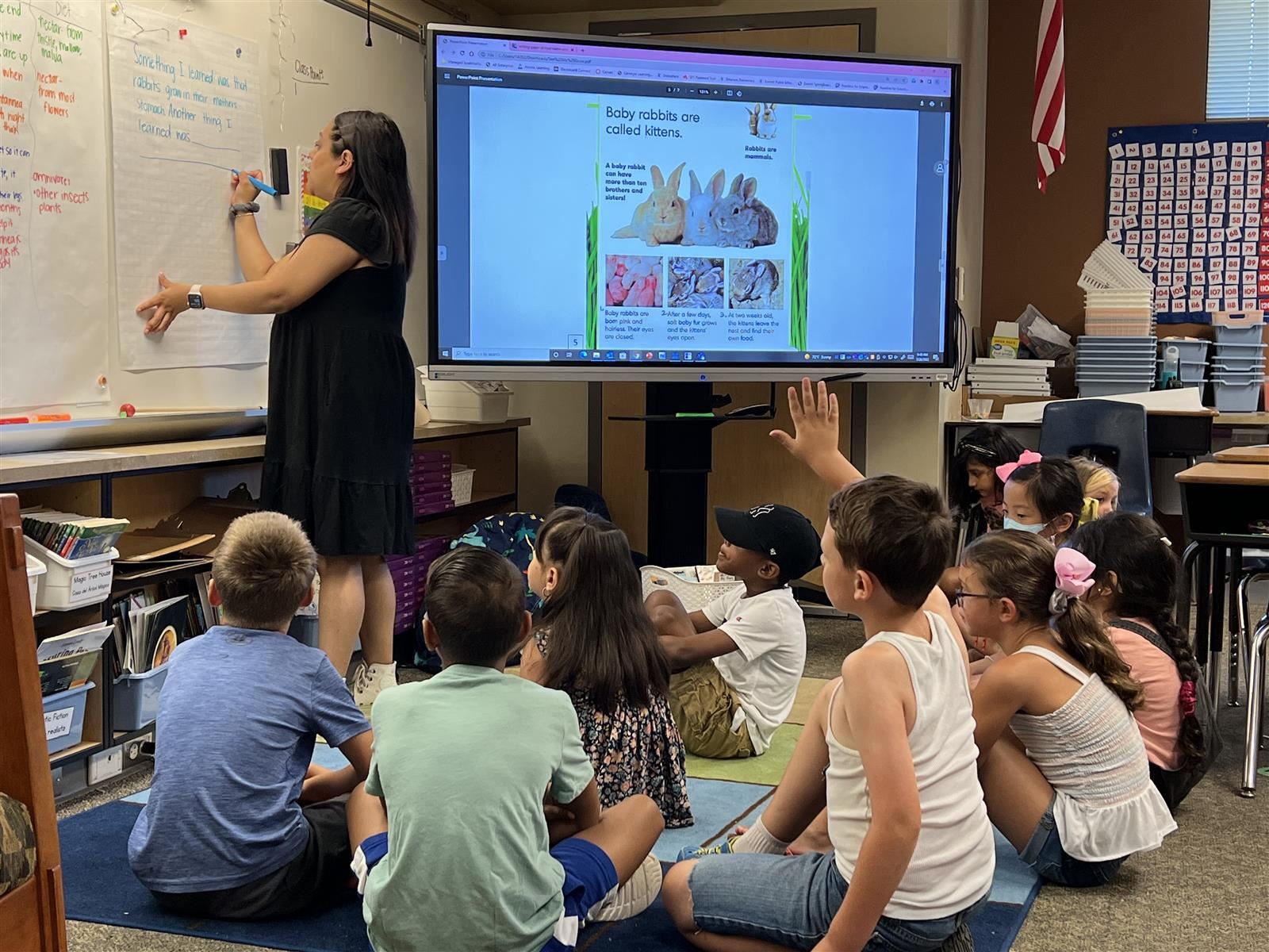 teacher using flat panel to teach