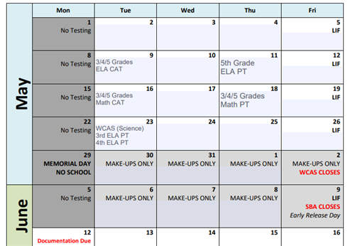  5/9 - 3rd/4th/5th ELA CAT 5/9 - 5th ELA PT 5/16 - 3rd/4th/5th Math CAT 5/18 - 3rd/4th/5th Math PT 5